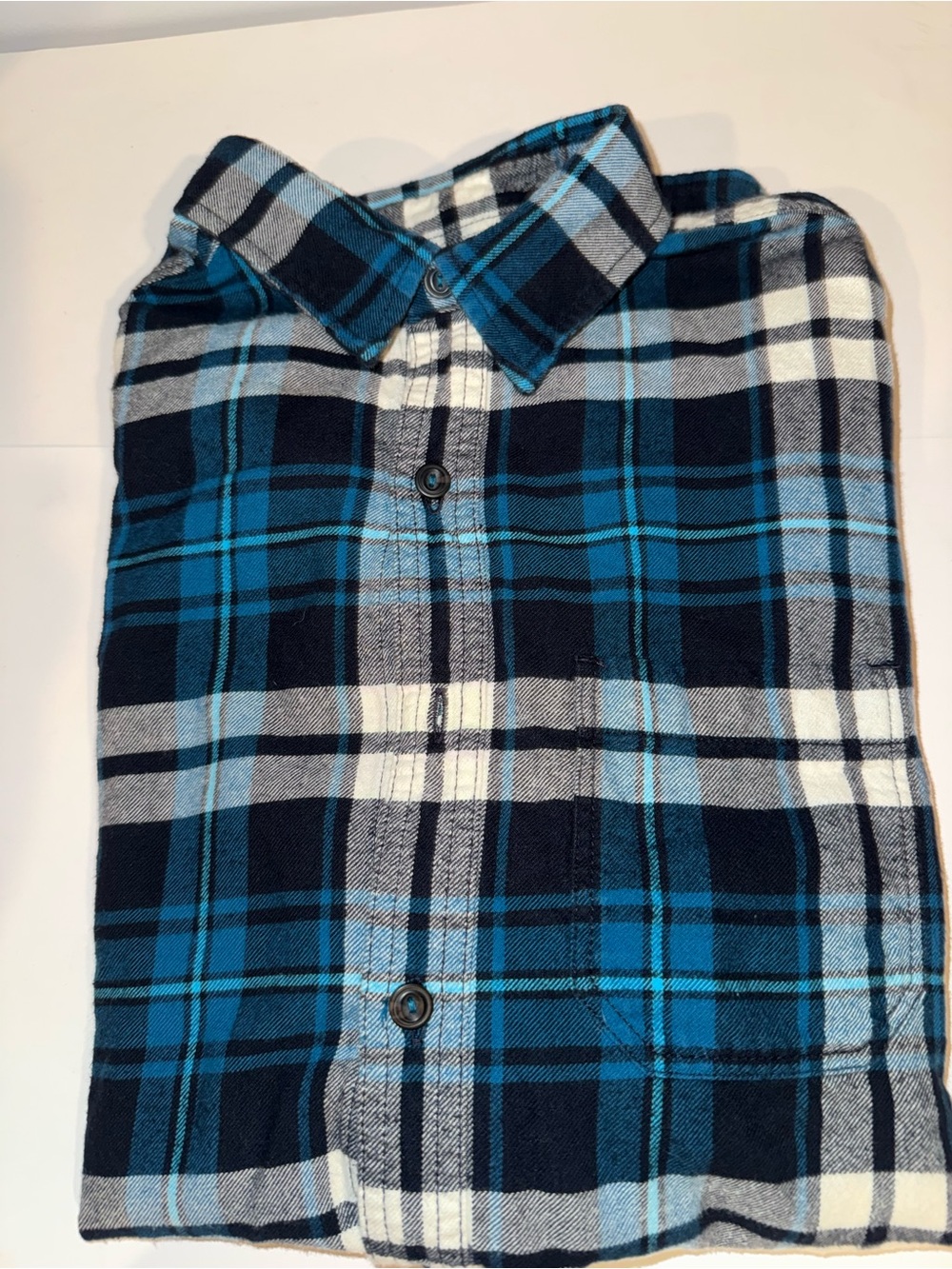 American Eagle Outfitters Blue, Teal and White Plaid Button-Down Flannel Shirt